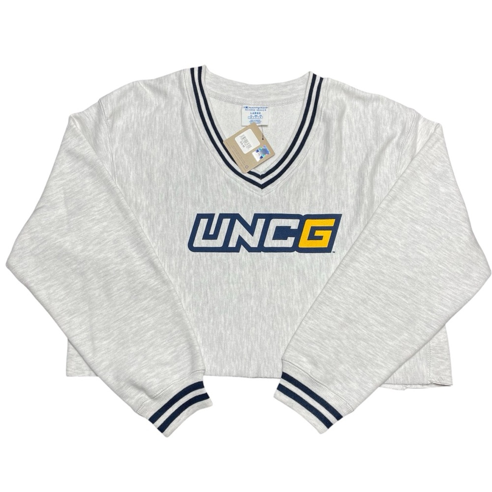 UNCG Champion Reverse Weave Womens Large Cropped Sweatshirt V-neck College Gray